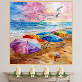 Watercolor Painting of Multicolored Beach Umbrellas with Seagulls at Sunset on Ready to Hang 1.5" Thick Canvas Wrap, Floating Framed Canvas, Flat Rolled Canvas